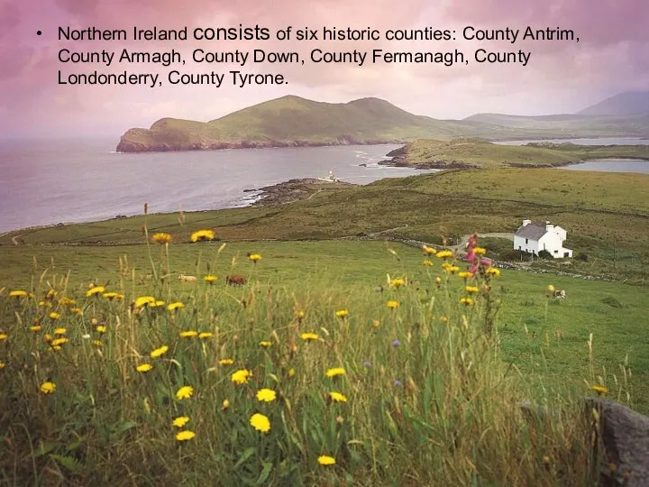 Northern Ireland consists of six historic counties: County Antrim, County