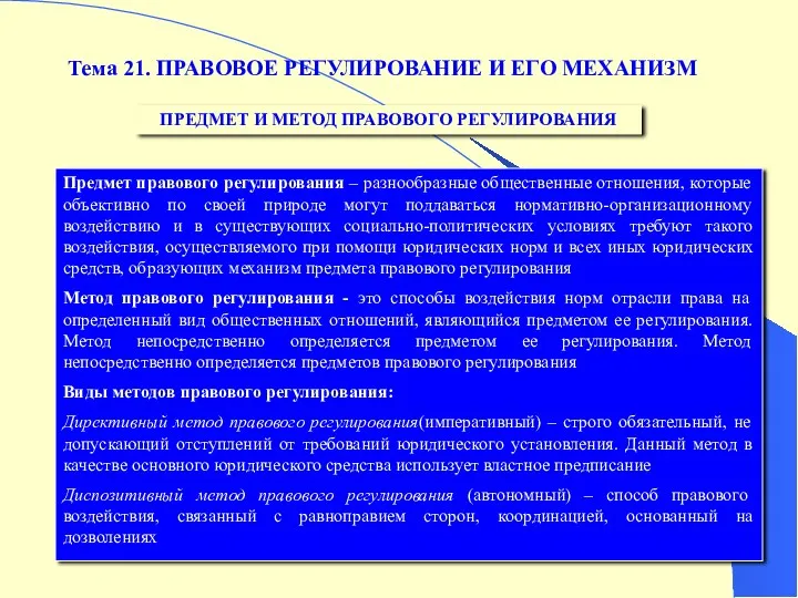 Тема 21. ПРАВОВОЕ РЕГУЛИРОВАНИЕ И ЕГО МЕХАНИЗМ ПРЕДМЕТ И МЕТОД