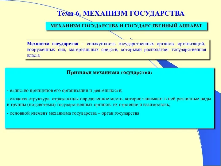 Тема 6. МЕХАНИЗМ ГОСУДАРСТВА МЕХАНИЗМ ГОСУДАРСТВА И ГОСУДАРСТВЕННЫЙ АППАРАТ Механизм