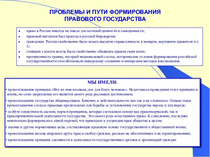 ПРОБЛЕМЫ И ПУТИ ФОРМИРОВАНИЯ ПРАВОВОГО ГОСУДАРСТВА право в России никогда