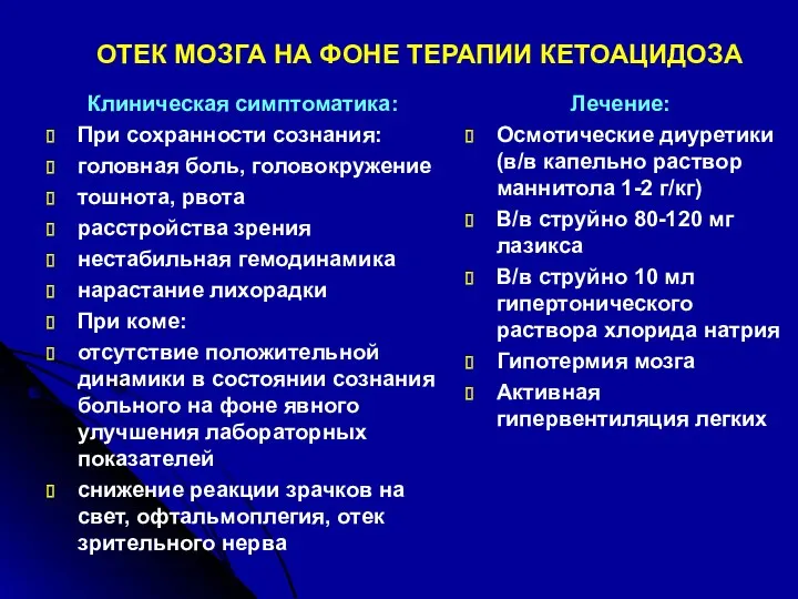 ОТЕК МОЗГА НА ФОНЕ ТЕРАПИИ КЕТОАЦИДОЗА Клиническая симптоматика: При сохранности