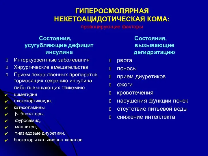 ГИПЕРОСМОЛЯРНАЯ НЕКЕТОАЦИДОТИЧЕСКАЯ КОМА: провоцирующие факторы Состояния, усугубляющие дефицит инсулина Интеркуррентные