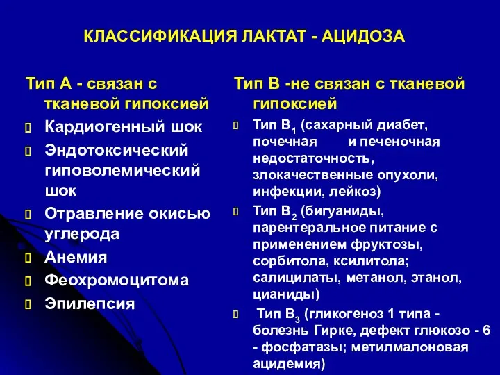 КЛАССИФИКАЦИЯ ЛАКТАТ - АЦИДОЗА Тип А - связан с тканевой