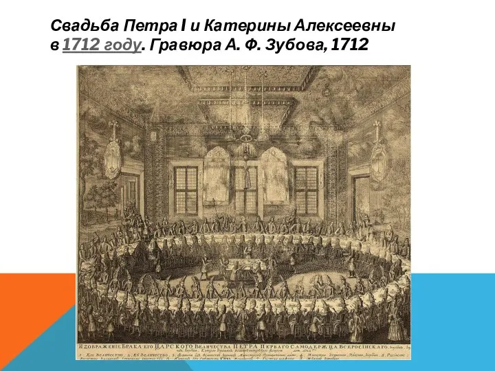 Свадьба Петра I и Катерины Алексеевны в 1712 году. Гравюра А. Ф. Зубова, 1712