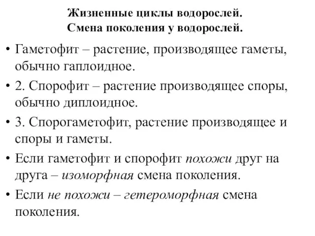 Жизненные циклы водорослей. Смена поколения у водорослей. Гаметофит – растение,