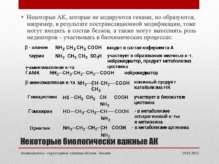 Некоторые биологически важные АК Некоторые АК, которые не кодируются генами,