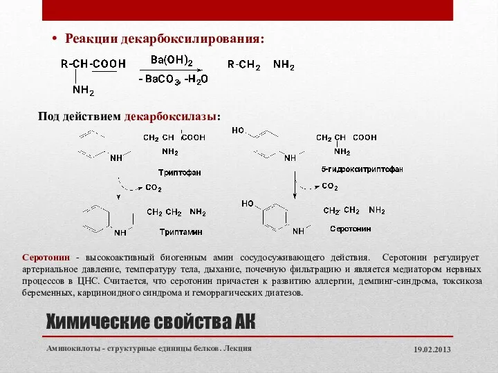 Химические свойства АК Реакции декарбоксилирования: 19.02.2013 Аминокилоты - структурные единицы