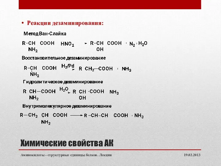 Химические свойства АК Реакции дезаминирования: 19.02.2013 Аминокилоты - структурные единицы белков. Лекция