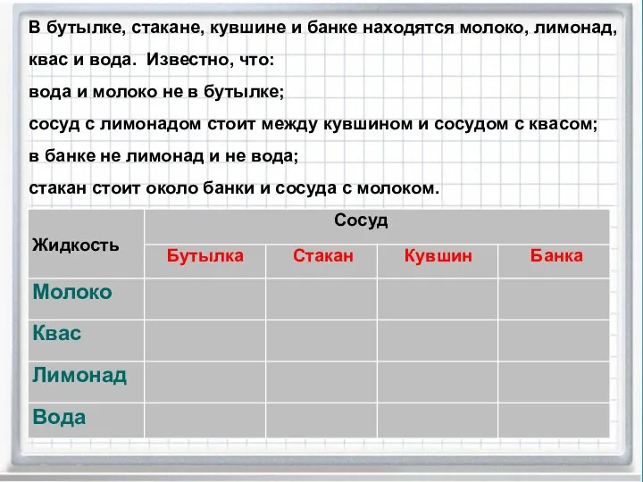 В бутылке, стакане, кувшине и банке находятся молоко, лимонад, квас