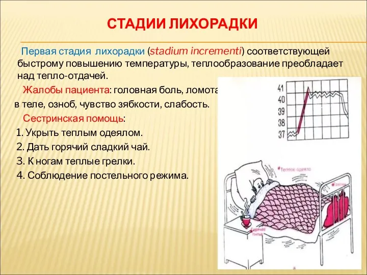 СТАДИИ ЛИХОРАДКИ Первая стадия лихорадки (stadium incrementi) соответствующей быстрому повышению