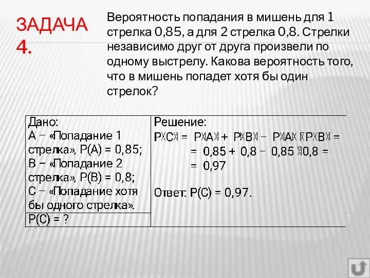 ЗАДАЧА 4. Вероятность попадания в мишень для 1 стрелка 0,85,