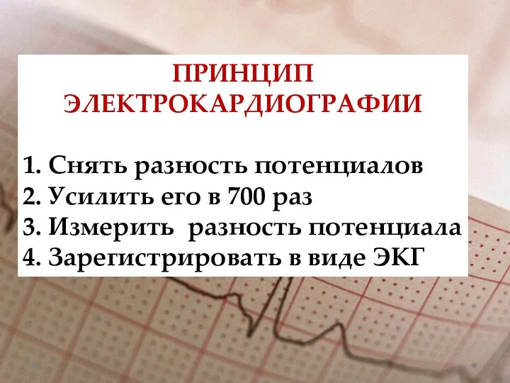 ПРИНЦИП ЭЛЕКТРОКАРДИОГРАФИИ 1. Снять разность потенциалов 2. Усилить его в