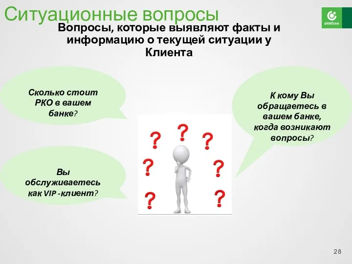 Ситуационные вопросы Сколько стоит РКО в вашем банке? Вопросы, которые выявляют факты и