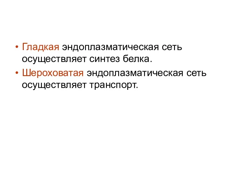 Гладкая эндоплазматическая сеть осуществляет синтез белка. Шероховатая эндоплазматическая сеть осуществляет транспорт.