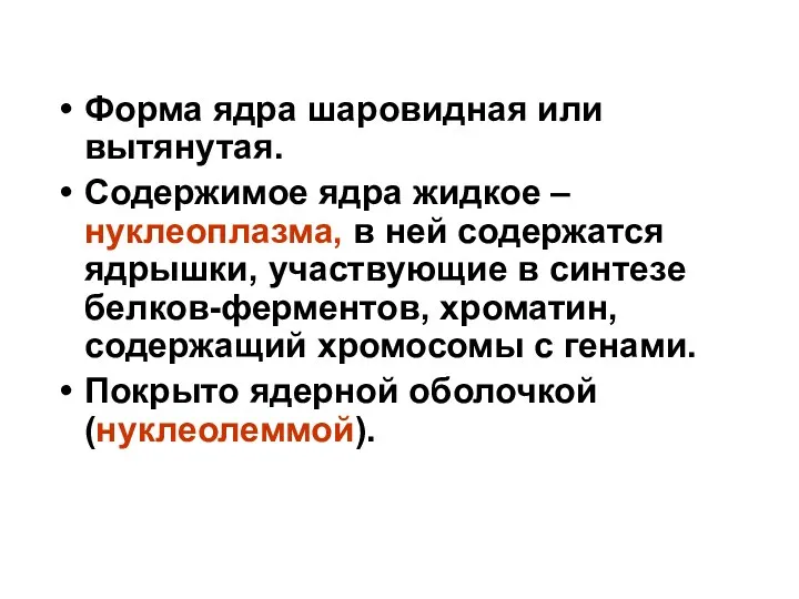 Форма ядра шаровидная или вытянутая. Содержимое ядра жидкое – нуклеоплазма,