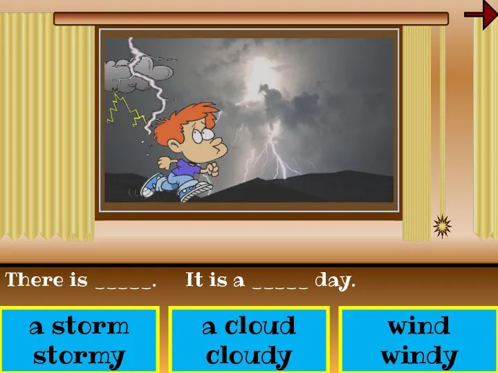 a cloud cloudy a storm stormy wind windy There is _____. It is a _____ day.