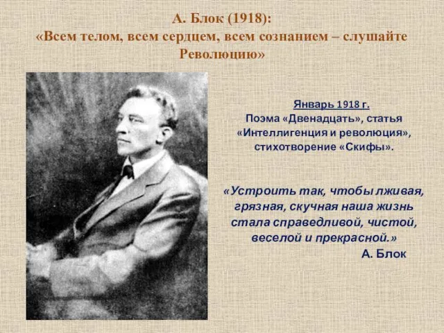 А. Блок (1918): «Всем телом, всем сердцем, всем сознанием – слушайте Революцию» Январь