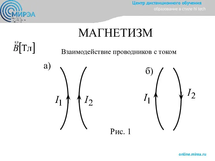 МАГНЕТИЗМ Взаимодействие проводников с током а) б) Рис. 1