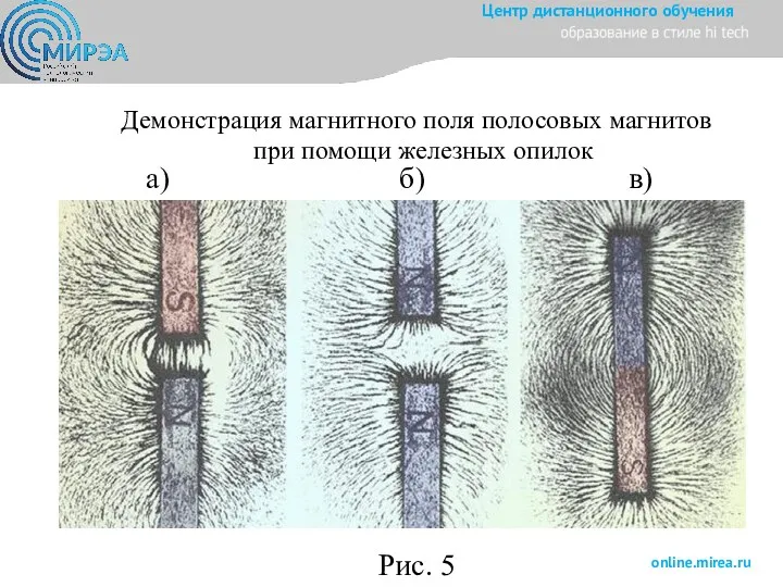 Демонстрация магнитного поля полосовых магнитов при помощи железных опилок Рис. 5 а) б) в)