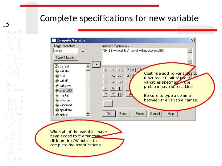 Complete specifications for new variable Continue adding variables to function