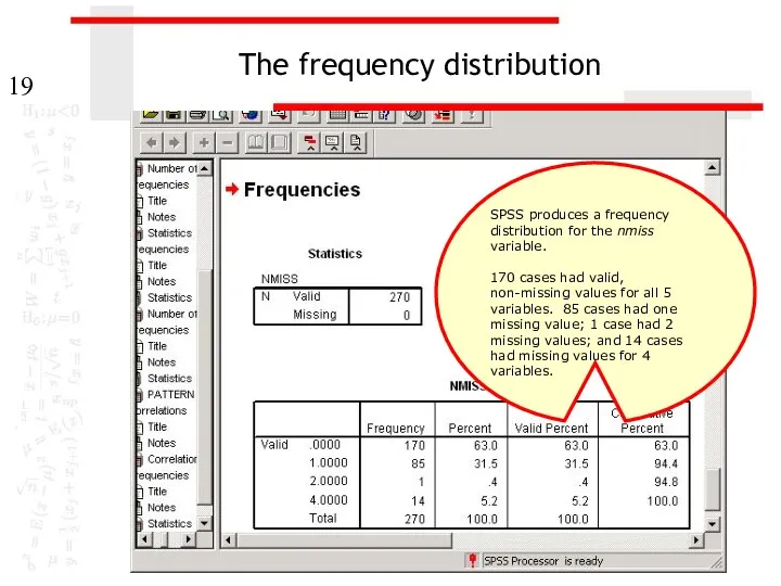 The frequency distribution SPSS produces a frequency distribution for the