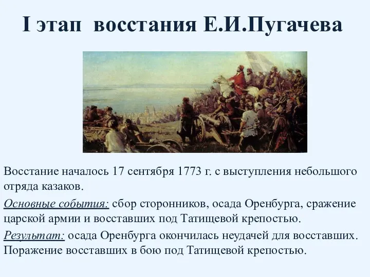 I этап восстания Е.И.Пугачева Восстание началось 17 сентября 1773 г. с выступления небольшого