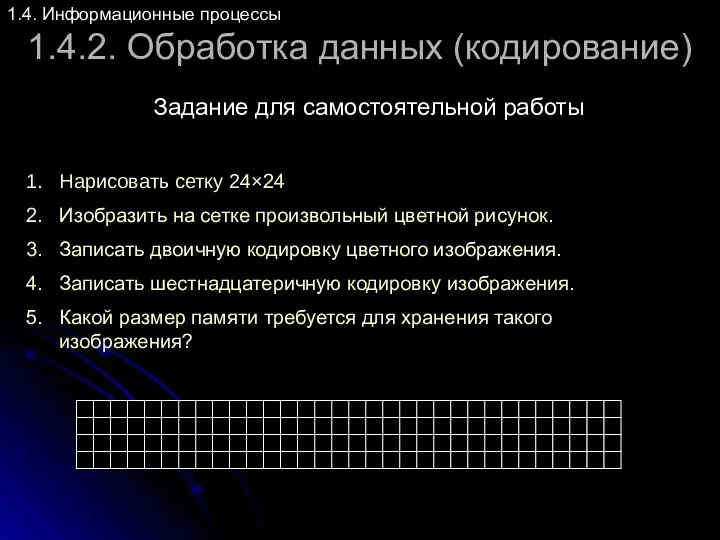 1.4.2. Обработка данных (кодирование) Задание для самостоятельной работы 1.4. Информационные