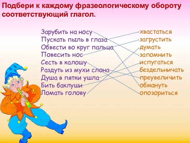 Подбери к каждому фразеологическому обороту соответствующий глагол. Зарубить на носу Пускать пыль в