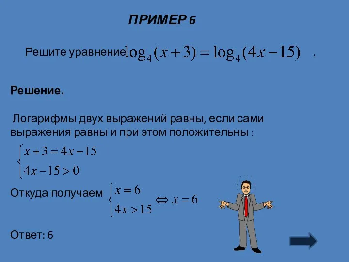 ПРИМЕР 6 Решение. Логарифмы двух выражений равны, если сами выражения