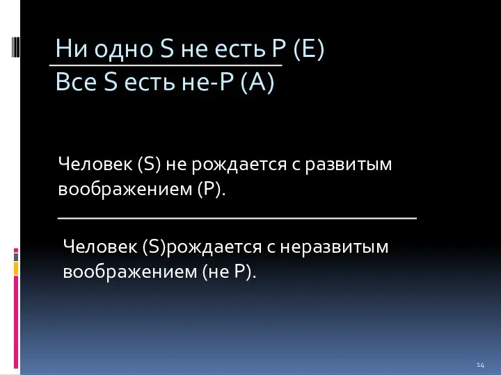 Ни одно S не есть Р (Е) Все S есть не-Р (А) Человек