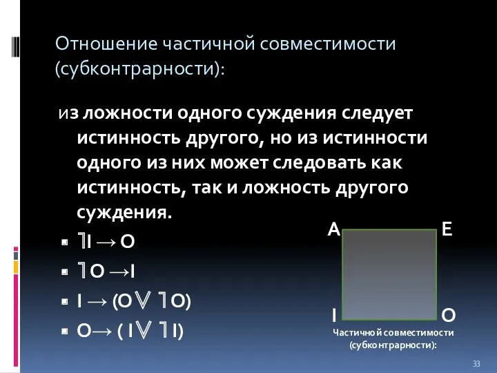 Отношение частичной совместимости (субконтрарности): из ложности одного суждения следует истинность