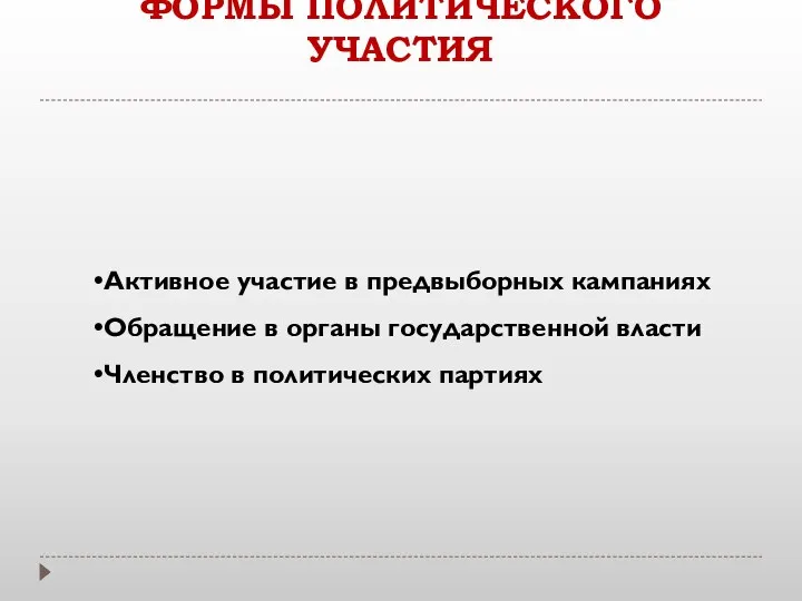 ФОРМЫ ПОЛИТИЧЕСКОГО УЧАСТИЯ Активное участие в предвыборных кампаниях Обращение в