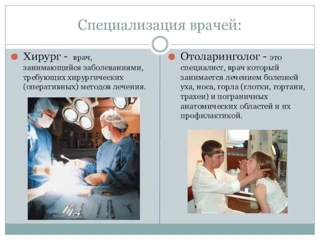 Специализация врачей: Хирург - врач, занимающийся заболеваниями, требующих хирургических (оперативных)