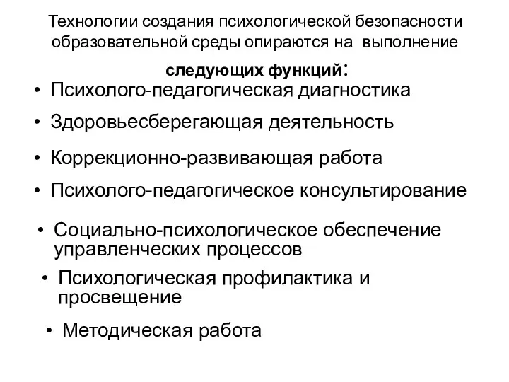 Технологии создания психологической безопасности образовательной среды опираются на выполнение следующих