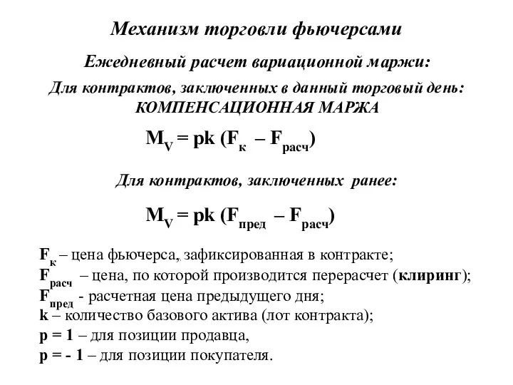 Механизм торговли фьючерсами MV = pk (Fк – Fрасч) Fк