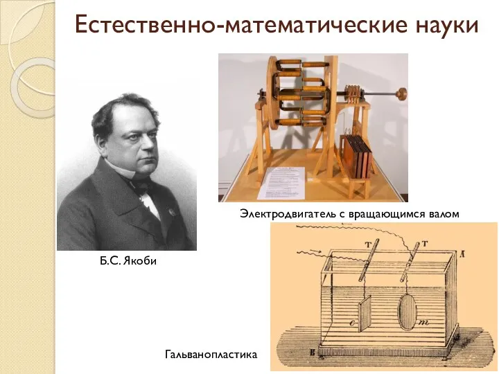 Естественно-математические науки Б.С. Якоби Электродвигатель с вращающимся валом Гальванопластика