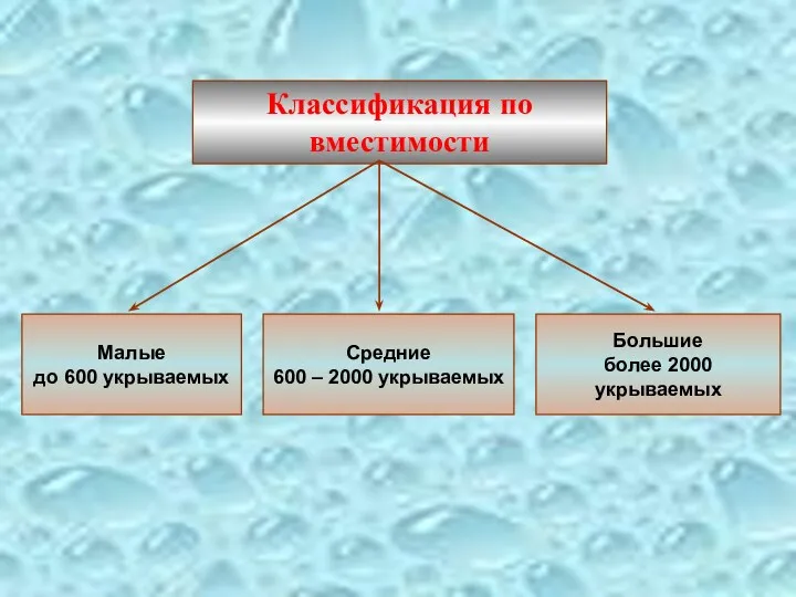 Классификация по вместимости Большие более 2000 укрываемых Средние 600 – 2000 укрываемых Малые до 600 укрываемых