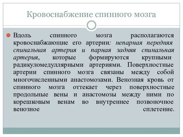 Кровоснабжение спинного мозга Вдоль спинного мозга располагаются кровоснабжающие его артерии: