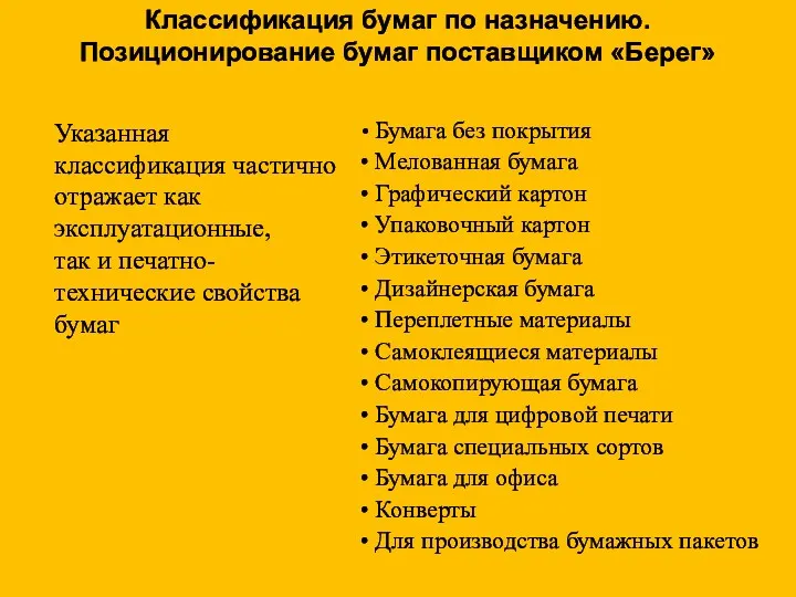 Классификация бумаг по назначению. Позиционирование бумаг поставщиком «Берег» Бумага без