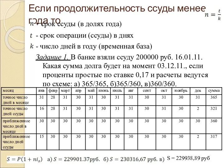 Если продолжительность ссуды менее года то - срок ссуды (в