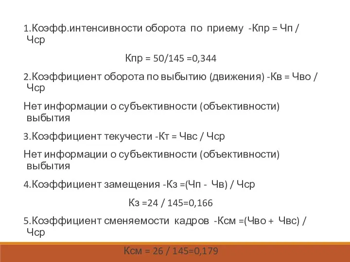 1.Коэфф.интенсивности оборота по приему -Кпр = Чп / Чср Кпр = 50/145 =0,344