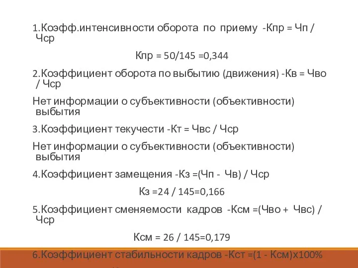 1.Коэфф.интенсивности оборота по приему -Кпр = Чп / Чср Кпр = 50/145 =0,344