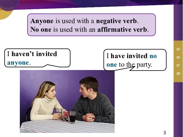 Anyone is used with a negative verb. No one is