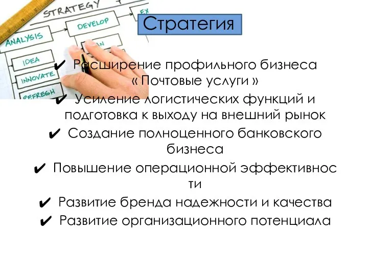 Стратегия Расширение профильного бизнеса « Почтовые услуги » Усиление логистических