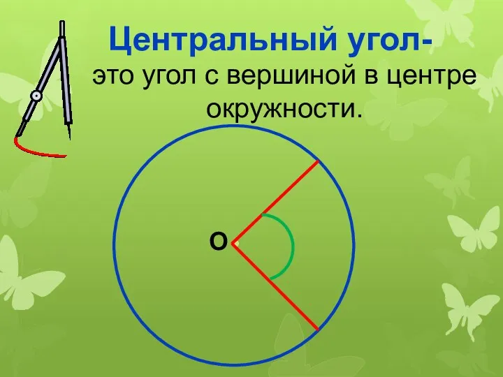 Центральный угол- это угол с вершиной в центре окружности. О