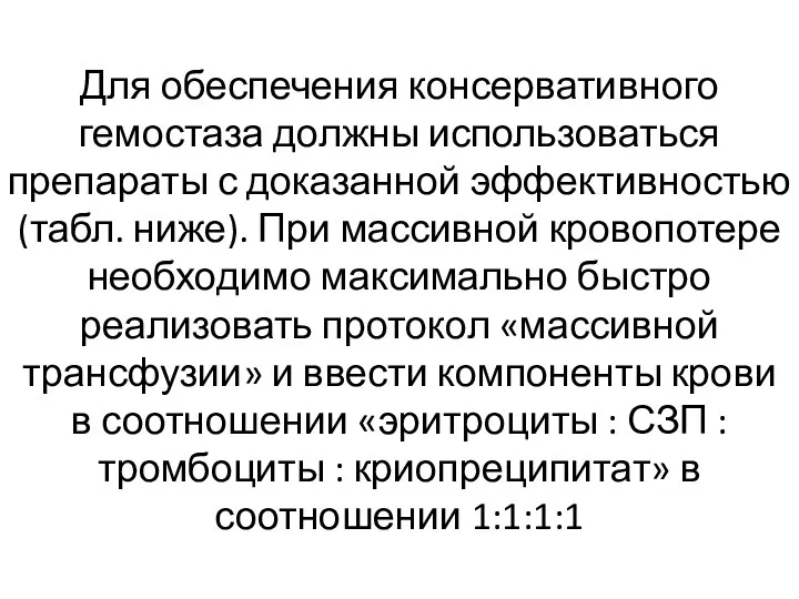 Для обеспечения консервативного гемостаза должны использоваться препараты с доказанной эффективностью