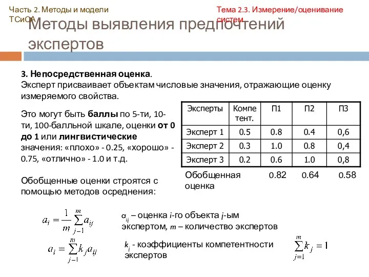 Методы выявления предпочтений экспертов 3. Непосредственная оценка. Эксперт присваивает объектам