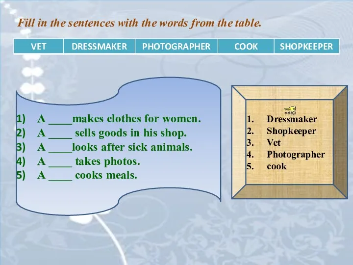 Fill in the sentences with the words from the table.