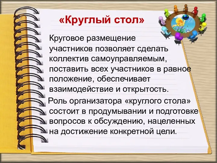 «Круглый стол» Круговое размещение участников позволяет сделать коллектив самоуправляемым, поставить