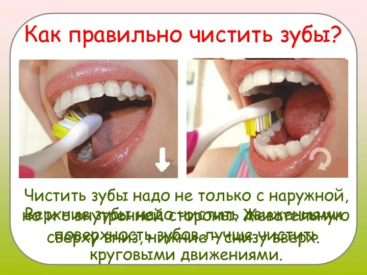 Как правильно чистить зубы? Верхние зубы надо чистить движениями сверху вниз, нижние –